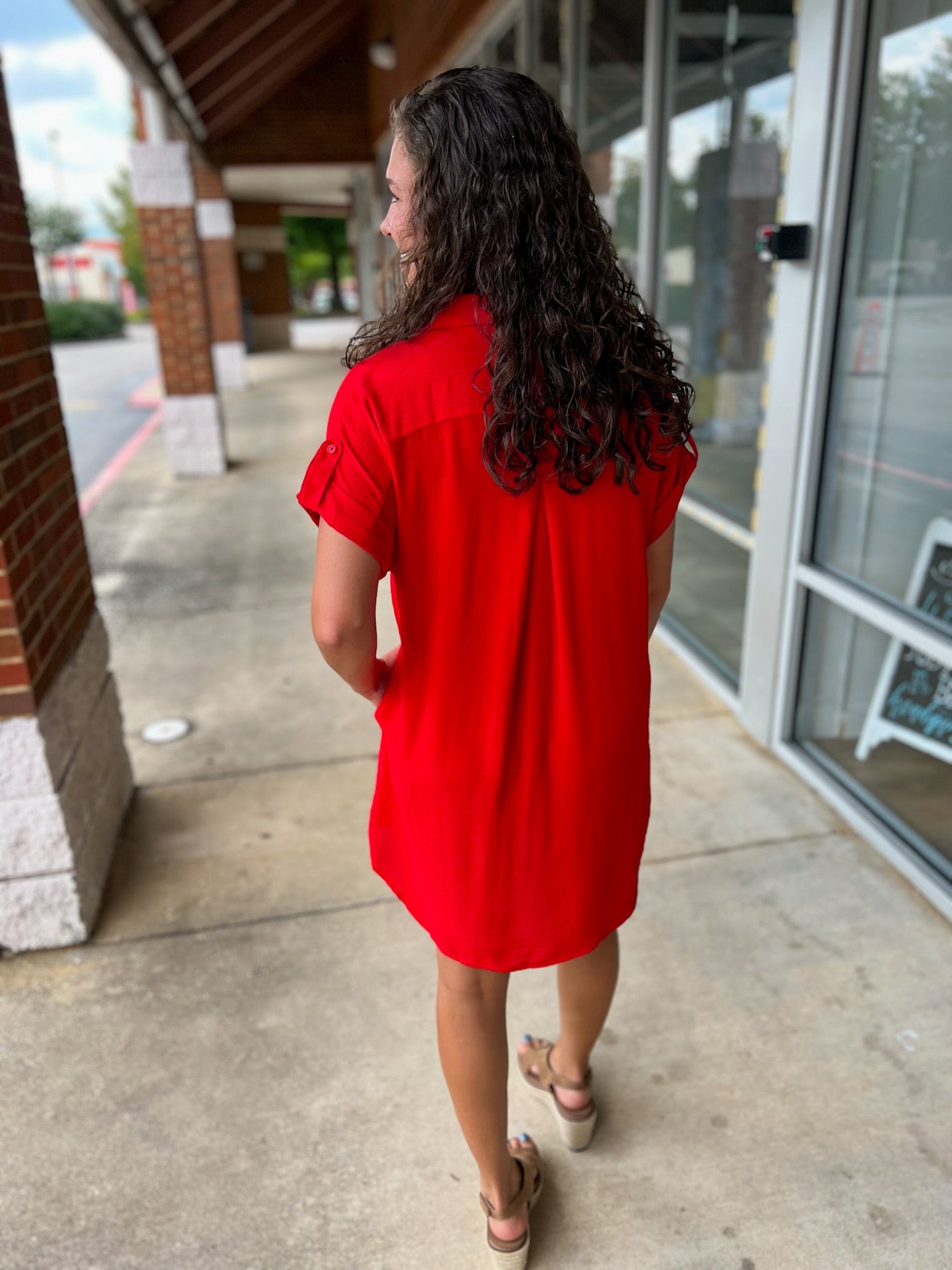Keep Smiling Red Short Sleeve Button Down Shirt Dress with Pockets - A'Bekah's Boutique