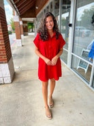 Keep Smiling Red Short Sleeve Button Down Shirt Dress with Pockets - A'Bekah's Boutique