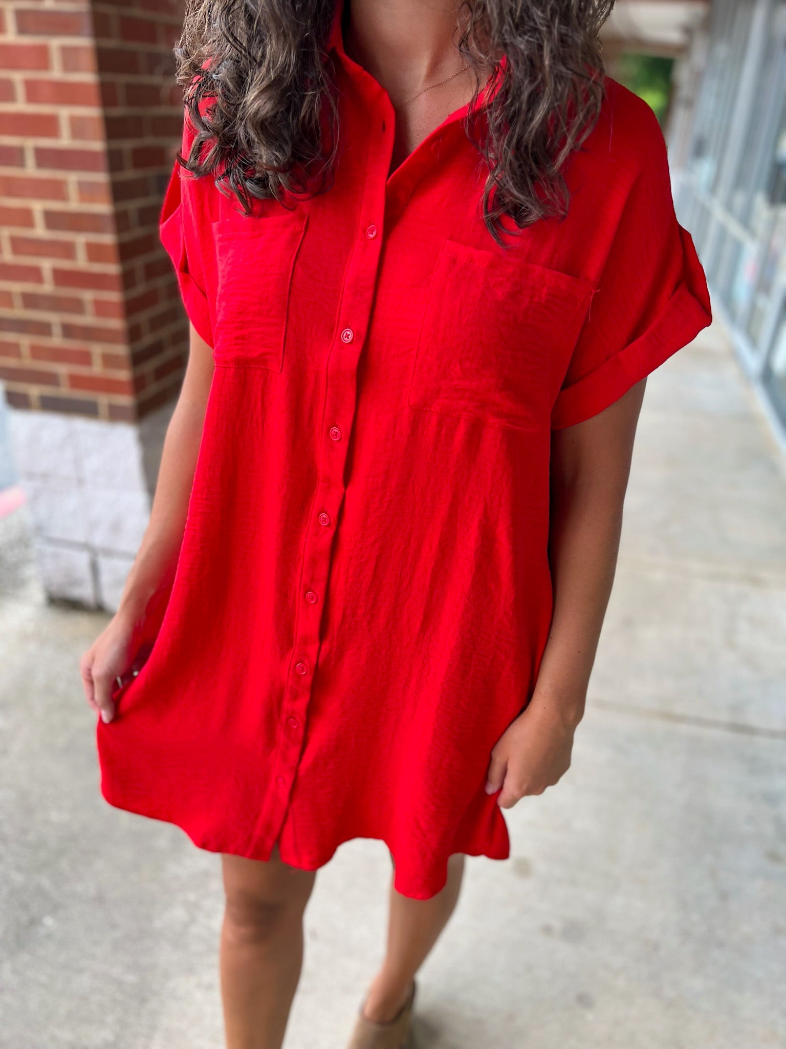 Keep Smiling Red Short Sleeve Button Down Shirt Dress with Pockets - A'Bekah's Boutique