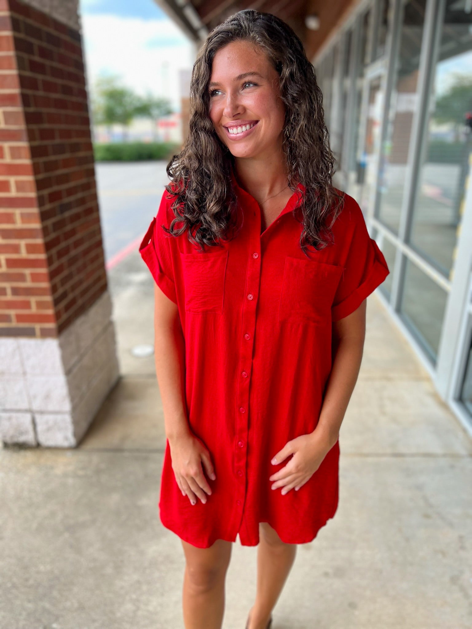 Keep Smiling Red Short Sleeve Button Down Shirt Dress with Pockets - A'Bekah's Boutique