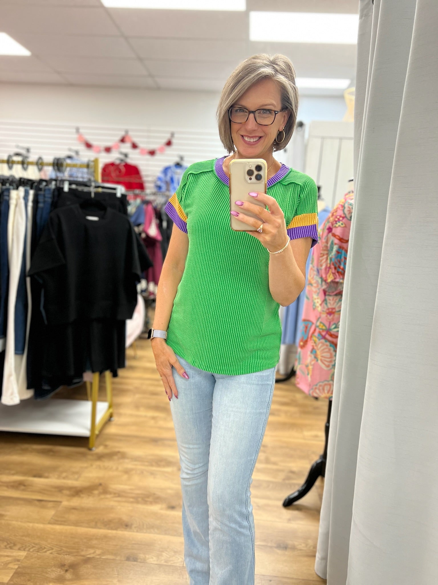 Kelly Green Ribbed Top with Purple and Gold Banding on Sleeves - A'Bekah's Boutique