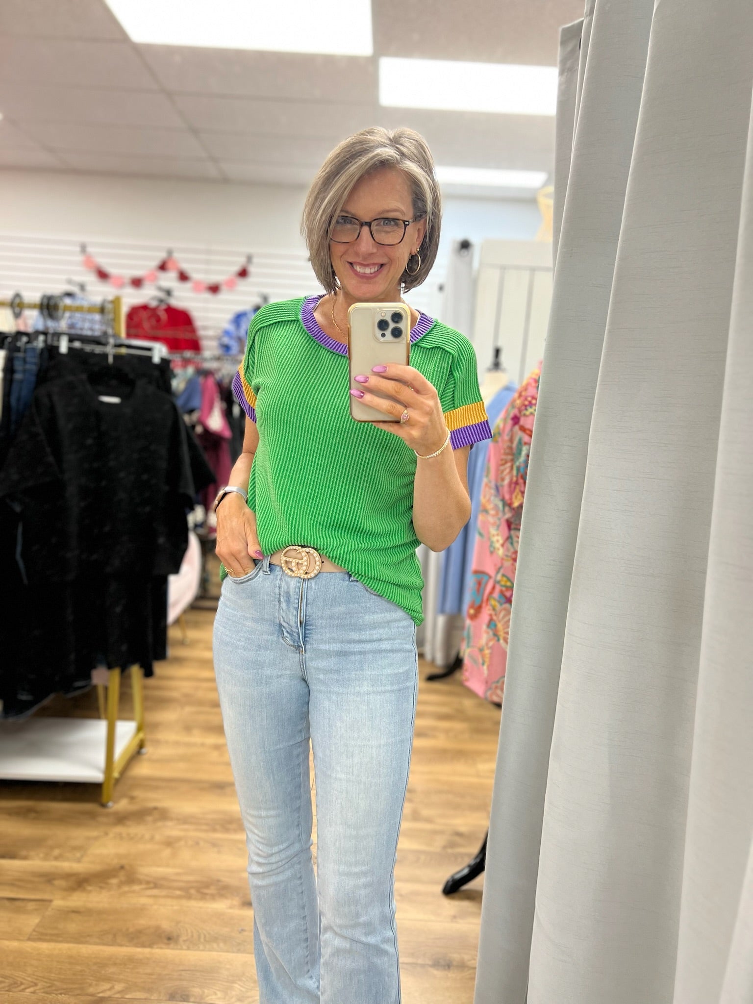 Kelly Green Ribbed Top with Purple and Gold Banding on Sleeves - A'Bekah's Boutique