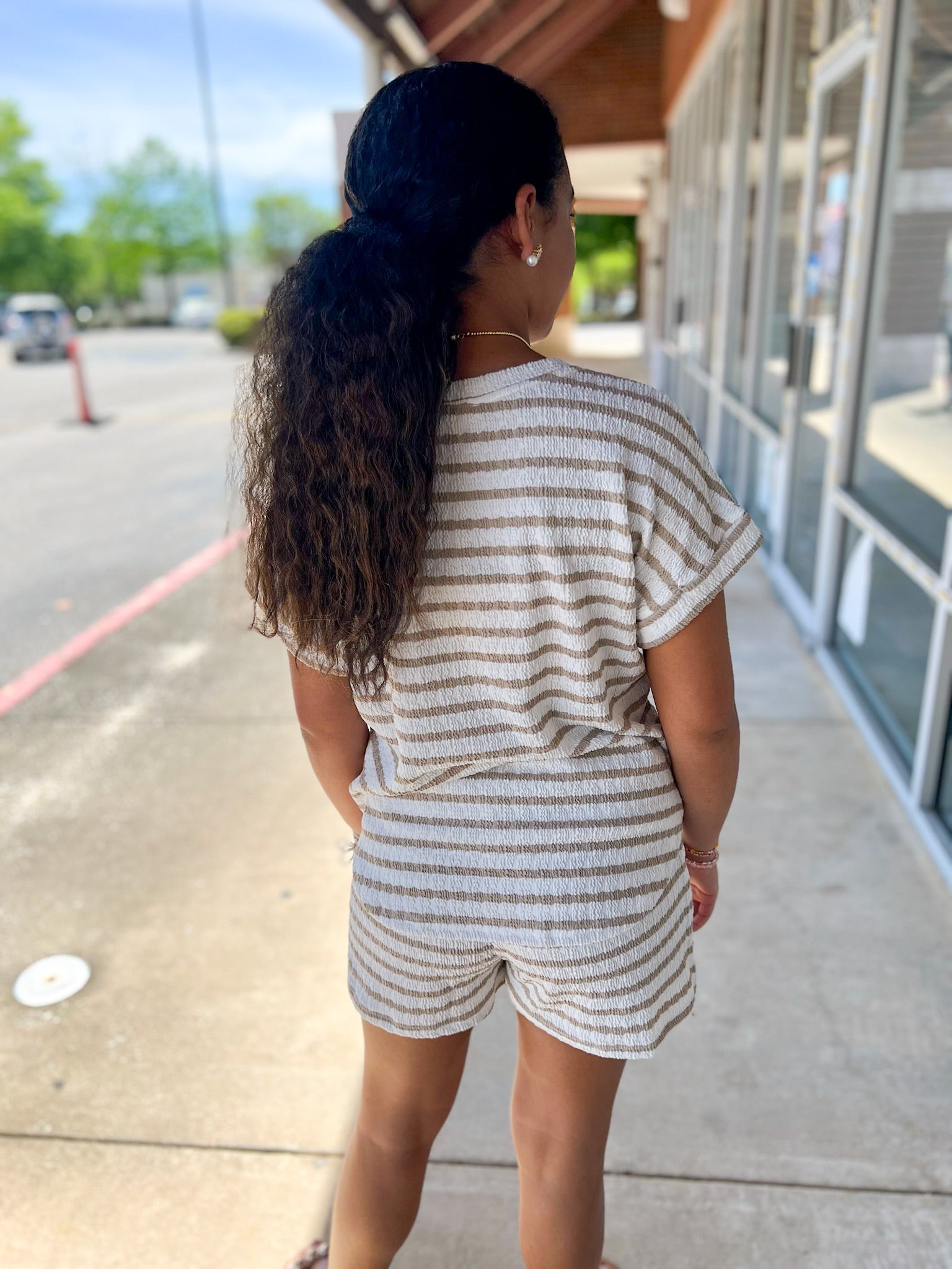 Khaki Striped Short Sleeve Short Set - A'Bekah's Boutique