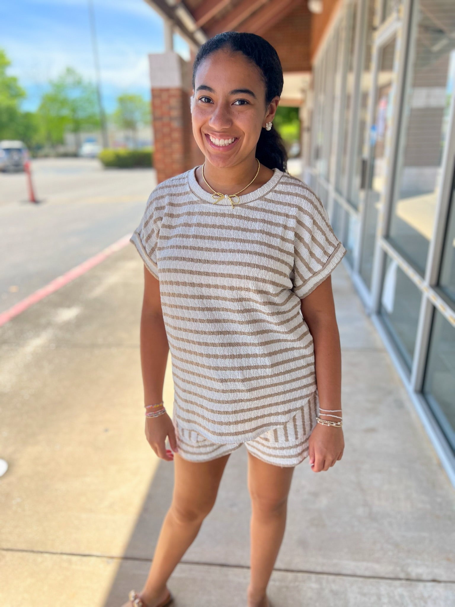 Khaki Striped Short Sleeve Short Set - A'Bekah's Boutique