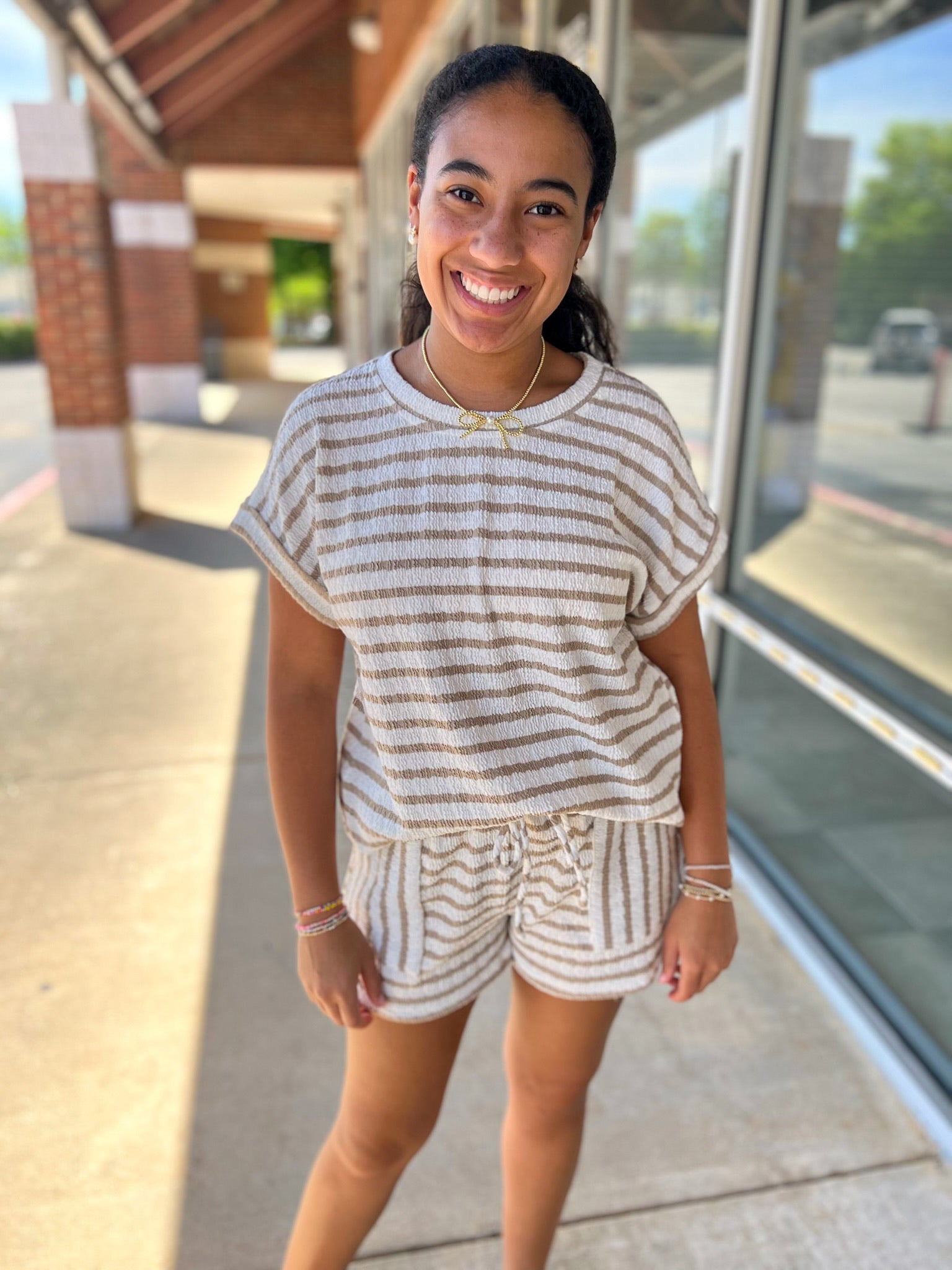 Khaki Striped Short Sleeve Short Set - A'Bekah's Boutique