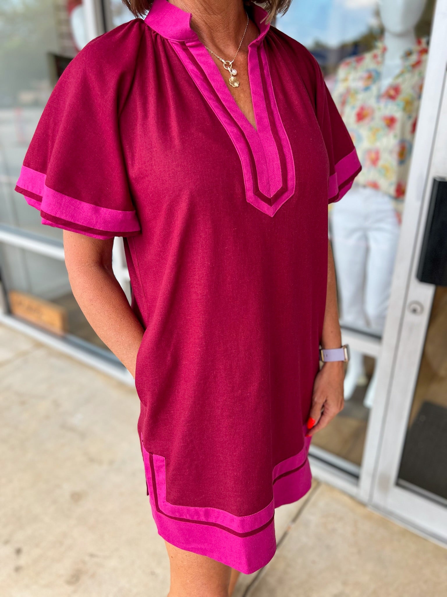 Know Your Worth Burgundy Contrast Dress with Short Lantern Sleeves - A'Bekah's Boutique