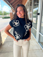 Last Time Black Short Sleeve Sweater with Floral Embroidery - A'Bekah's Boutique