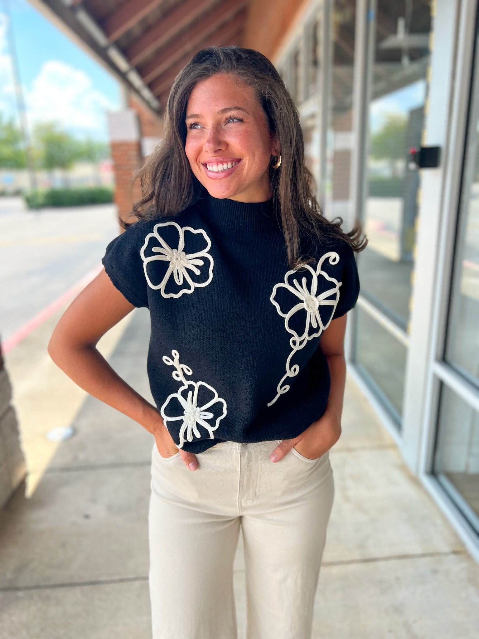 Last Time Black Short Sleeve Sweater with Floral Embroidery - A'Bekah's Boutique