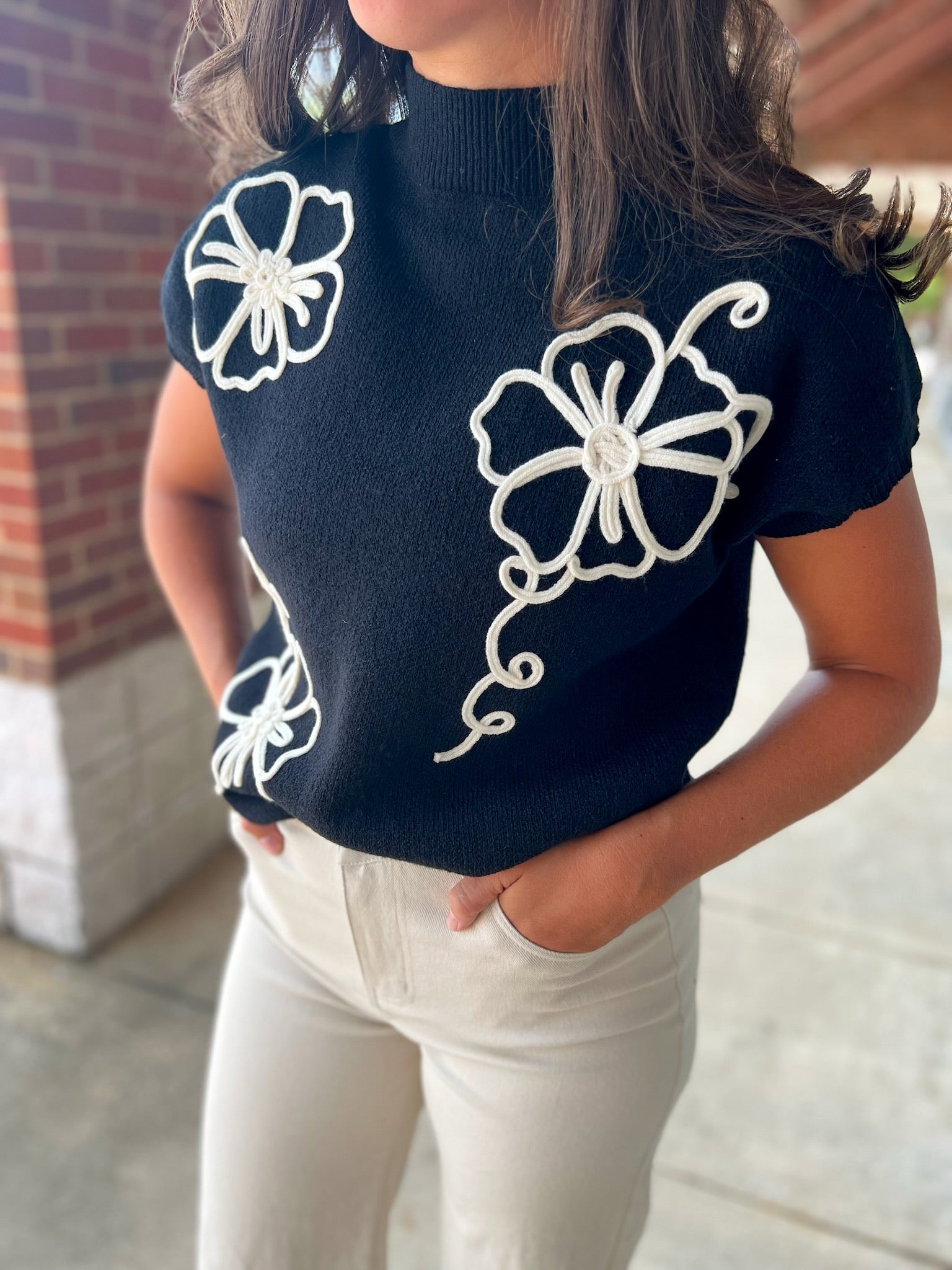 Last Time Black Short Sleeve Sweater with Floral Embroidery - A'Bekah's Boutique