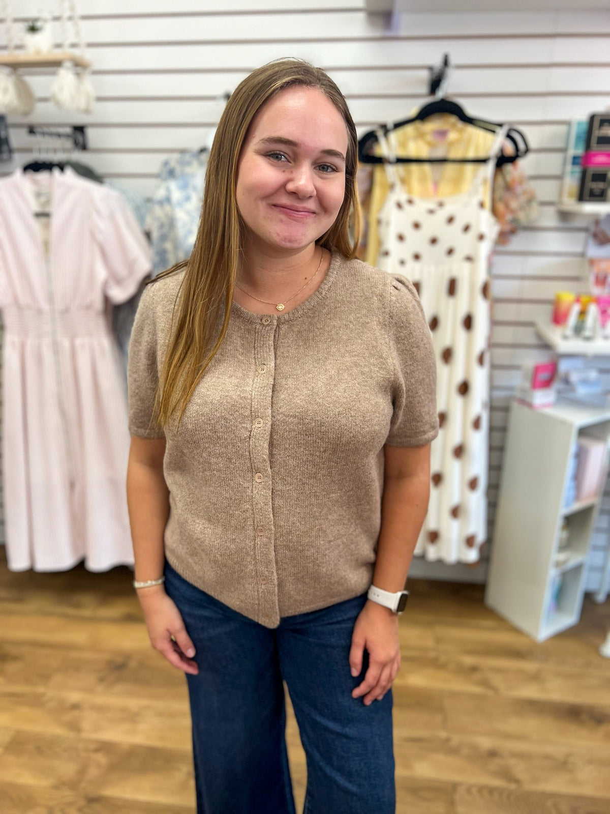 Latte Button Front Short Sleeve Cardigan - A'Bekah's Boutique