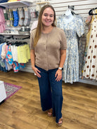Latte Button Front Short Sleeve Cardigan - A'Bekah's Boutique