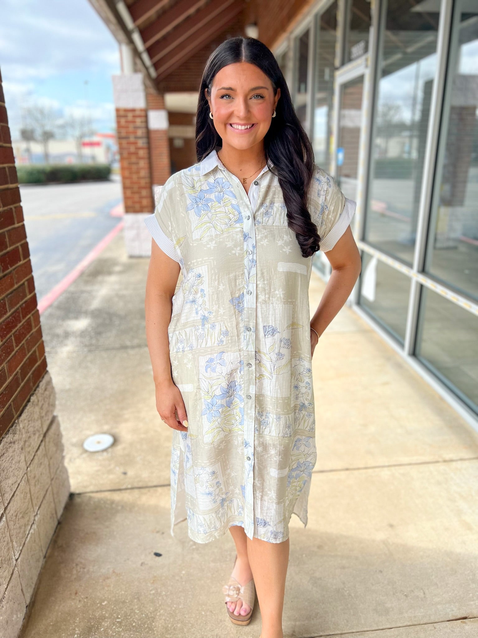 Latte Floral Short Sleeve Midi Dress with Side Slits and Pockets - A'Bekah's Boutique