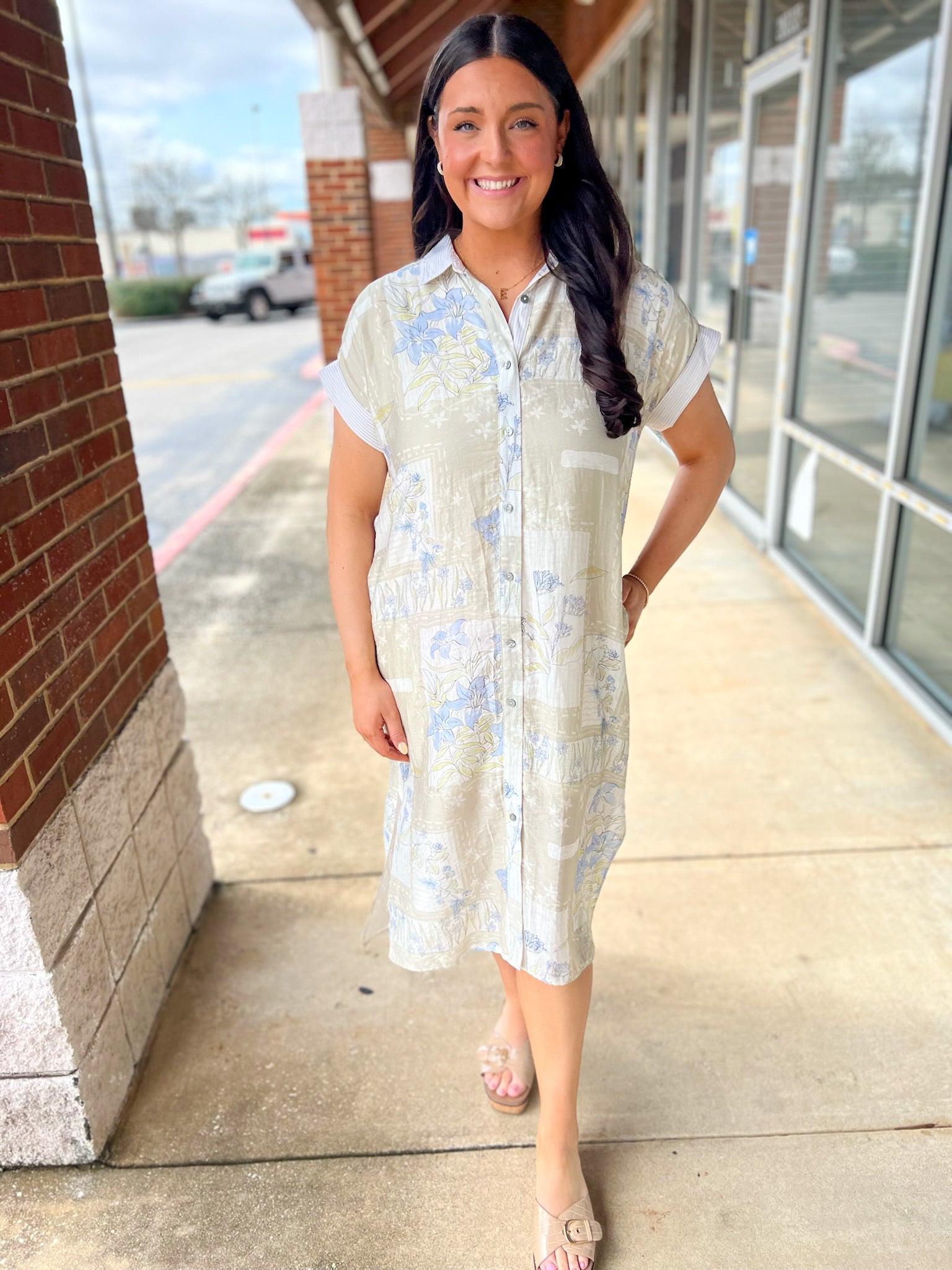 Latte Floral Short Sleeve Midi Dress with Side Slits and Pockets - A'Bekah's Boutique