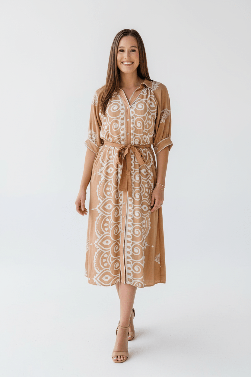 Latte Two Toned Paisley Border Print Midi Dress - A'Bekah's Boutique
