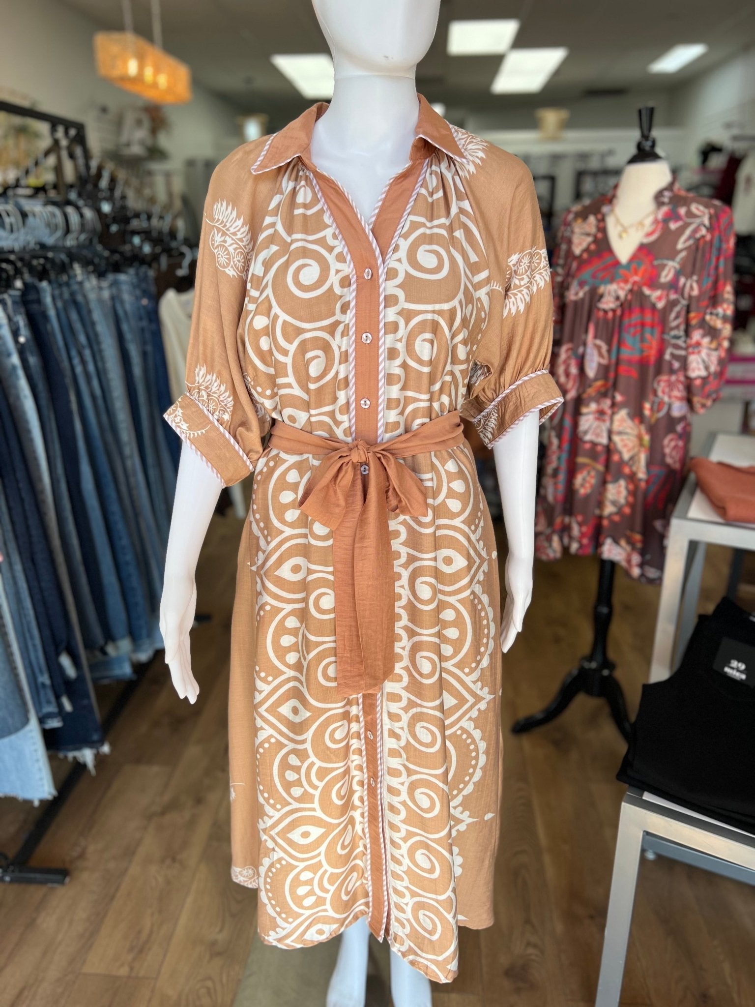 Latte Two Toned Paisley Border Print Midi Dress - A'Bekah's Boutique