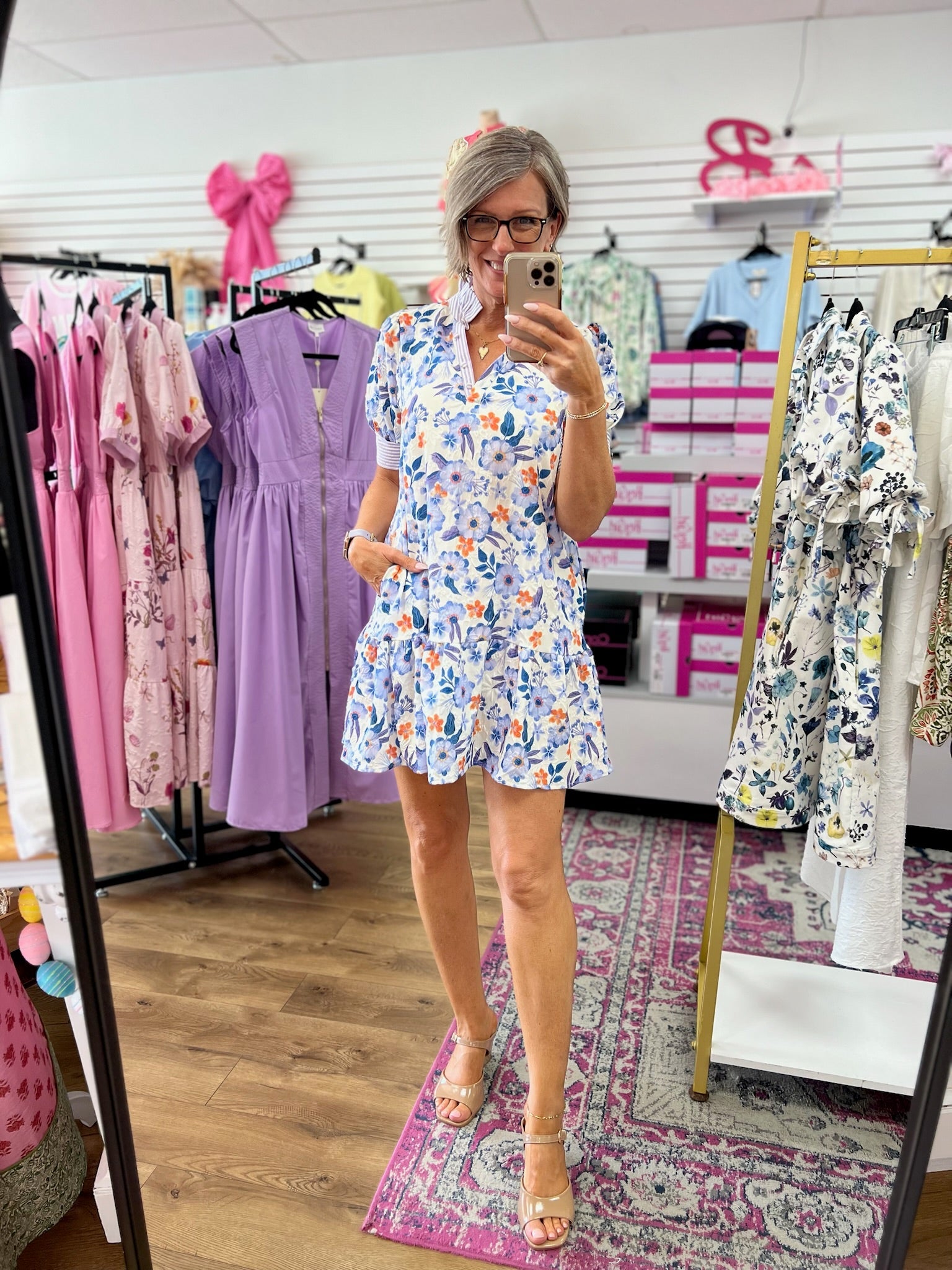 Lavender Floral Jacquard Print Dress with Short Puff Sleeves - A'Bekah's Boutique