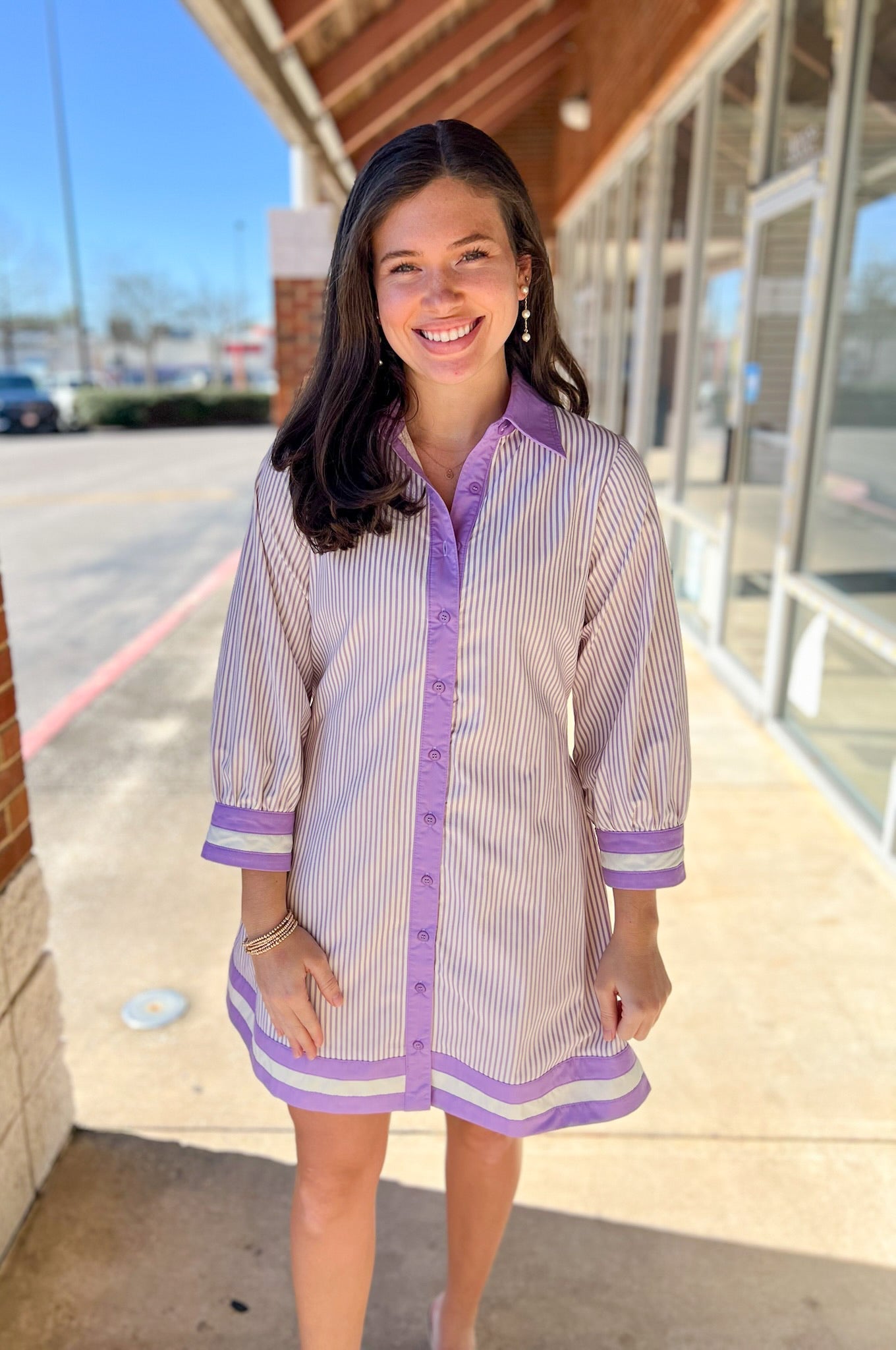 Lavender Striped Button Up Dress with Tie Waist - A'Bekah's Boutique