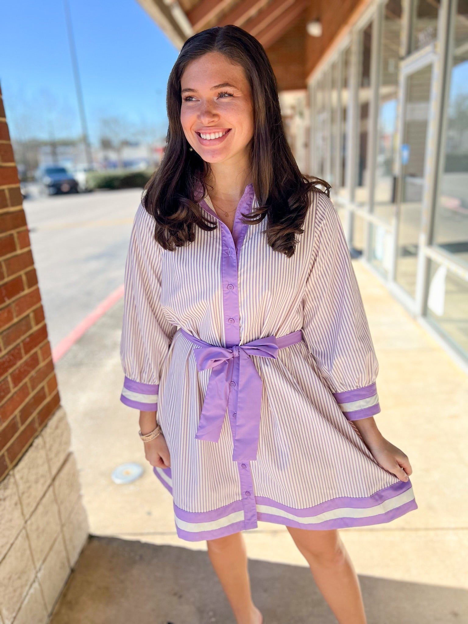 Lavender Striped Button Up Dress with Tie Waist - A'Bekah's Boutique