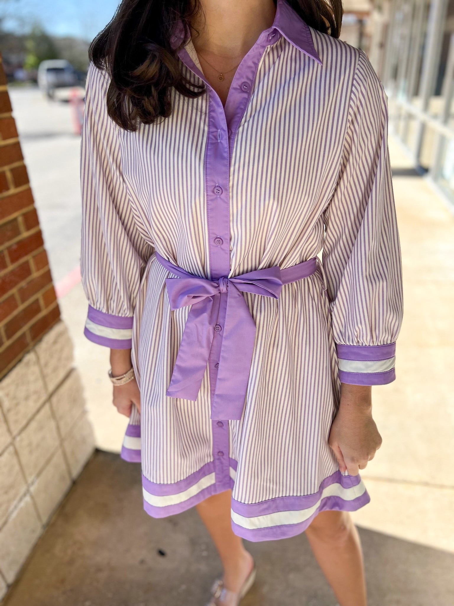 Lavender Striped Button Up Dress with Tie Waist - A'Bekah's Boutique