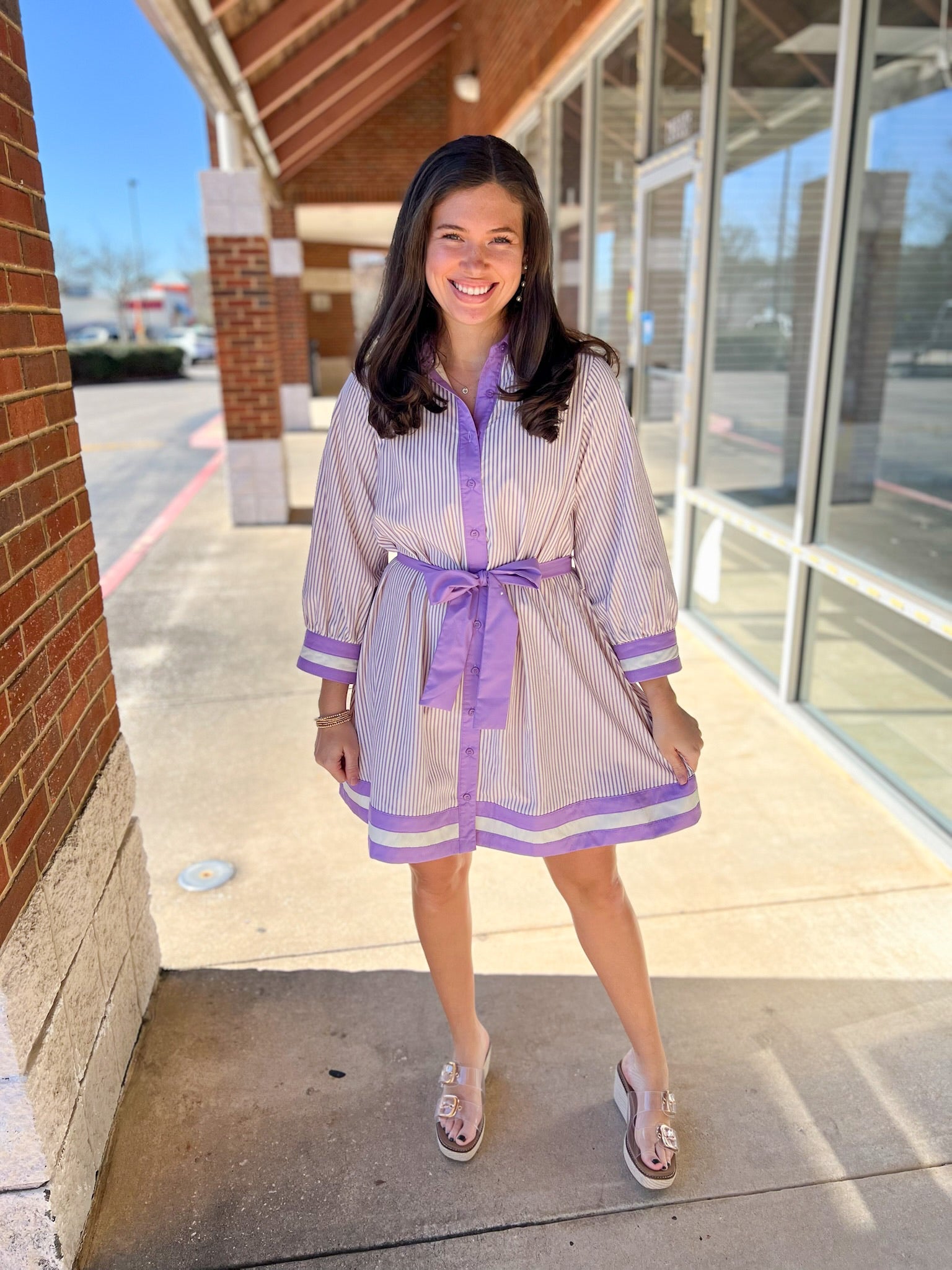 Lavender Striped Button Up Dress with Tie Waist - A'Bekah's Boutique