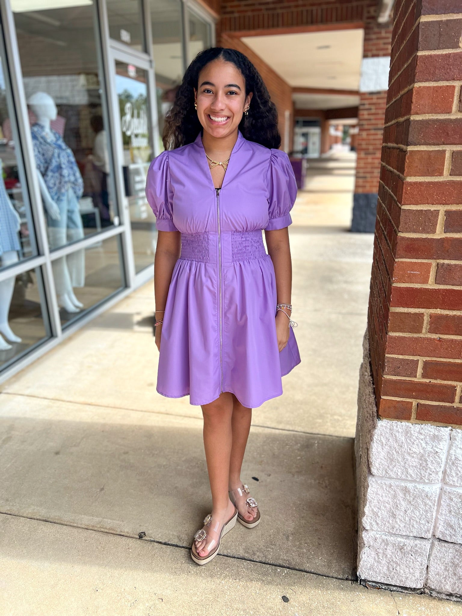 Lavender Zip Front V - Neck Dress with Smocked Waist - A'Bekah's Boutique