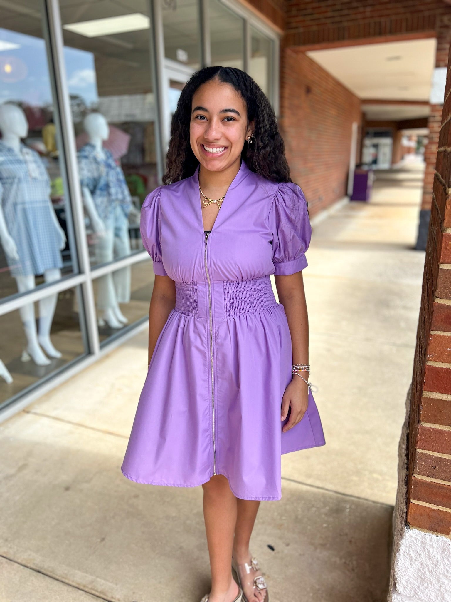 Lavender Zip Front V - Neck Dress with Smocked Waist - A'Bekah's Boutique