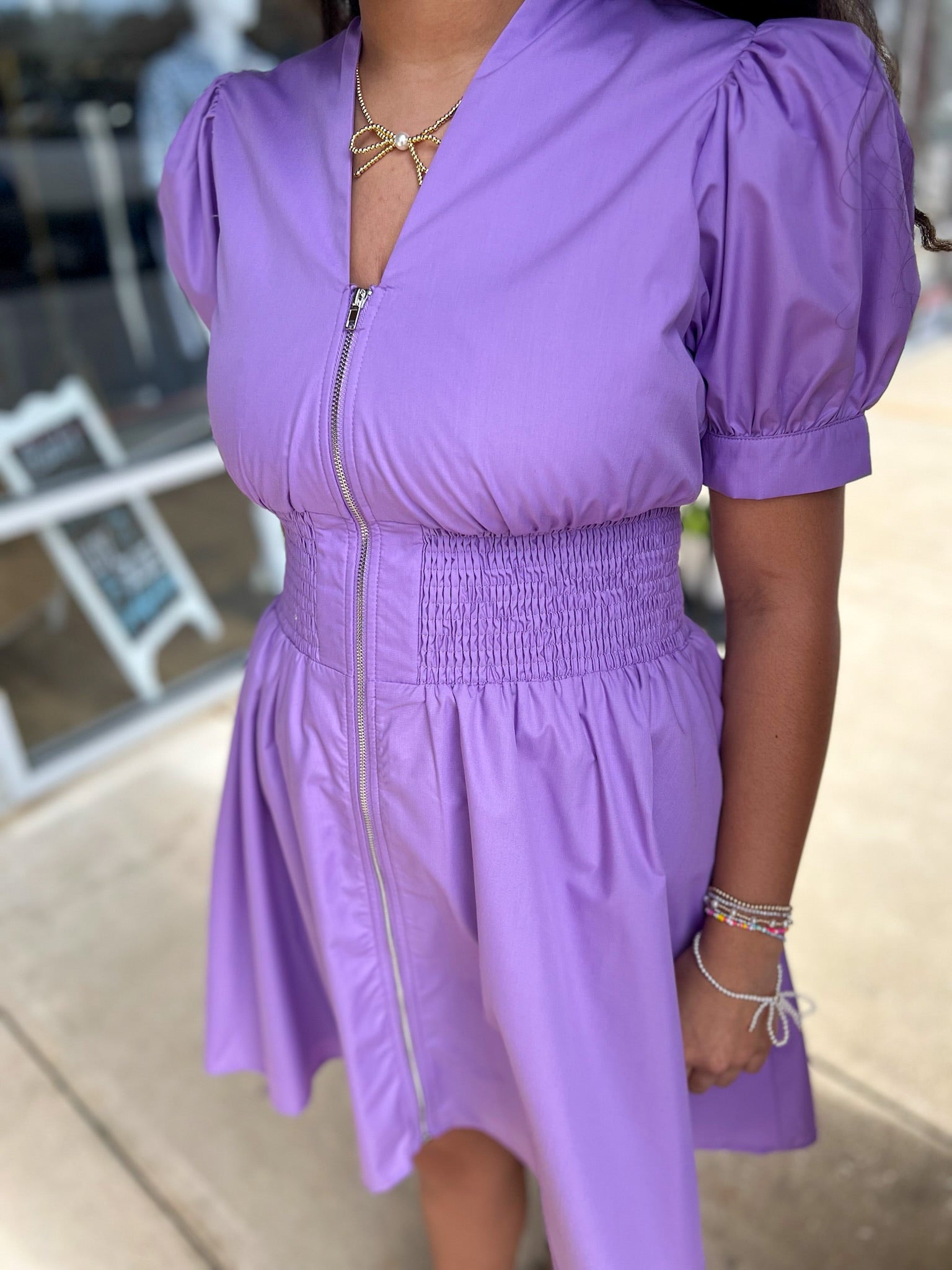Lavender Zip Front V - Neck Dress with Smocked Waist - A'Bekah's Boutique