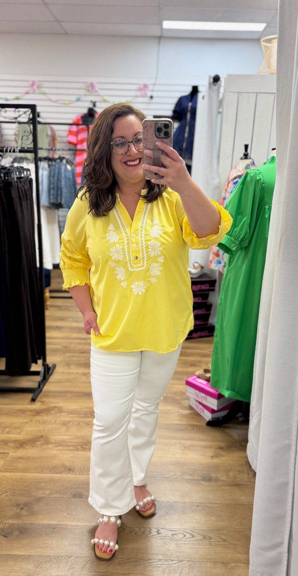 Lemon Yellow 3/4 Sleeve Top wth Embroidered Neckline - A'Bekah's Boutique