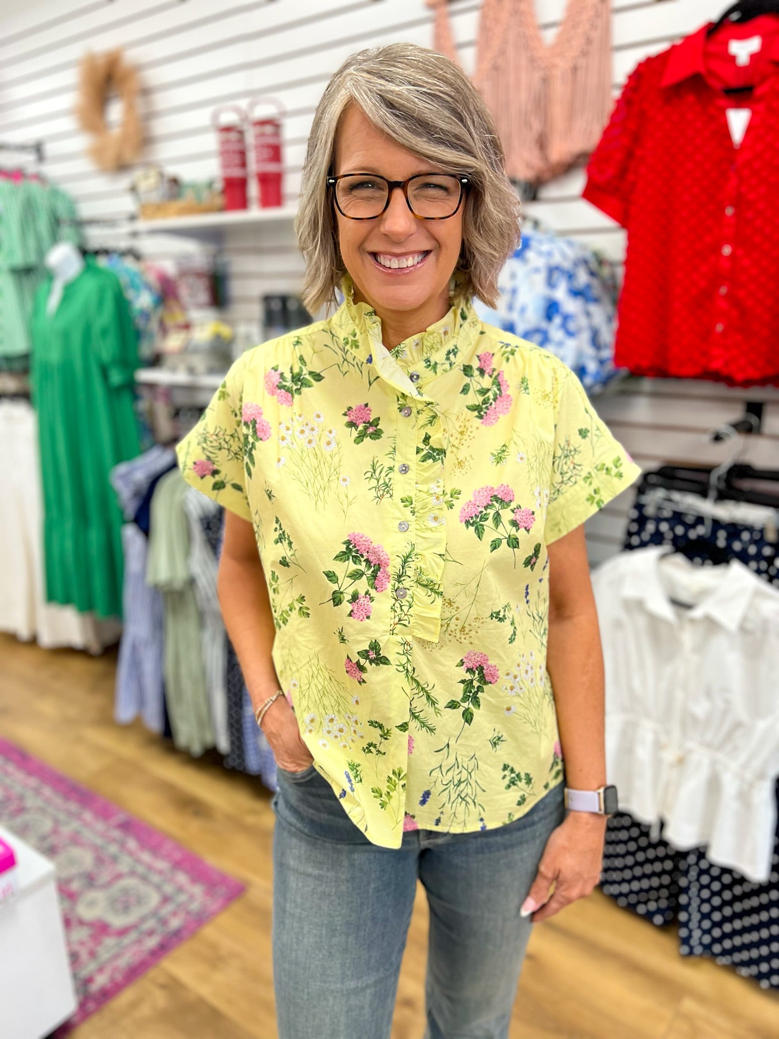 Lemon Yellow Floral Top with Ruffle Trim Neckline - A'Bekah's Boutique