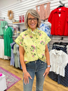 Lemon Yellow Floral Top with Ruffle Trim Neckline - A'Bekah's Boutique