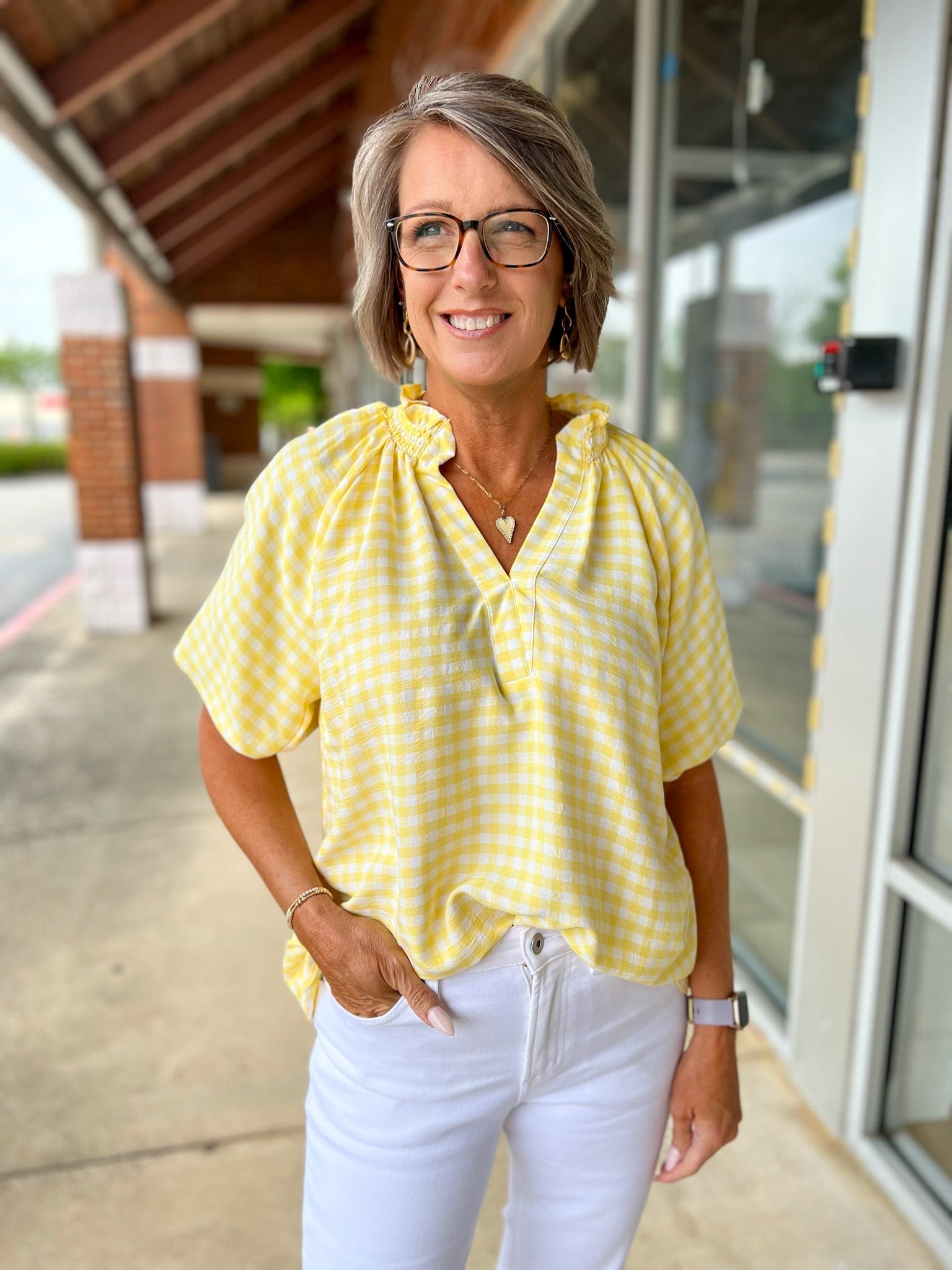 Lemon Yellow Gingham V - Neck Top with Scalloped Hem - A'Bekah's Boutique