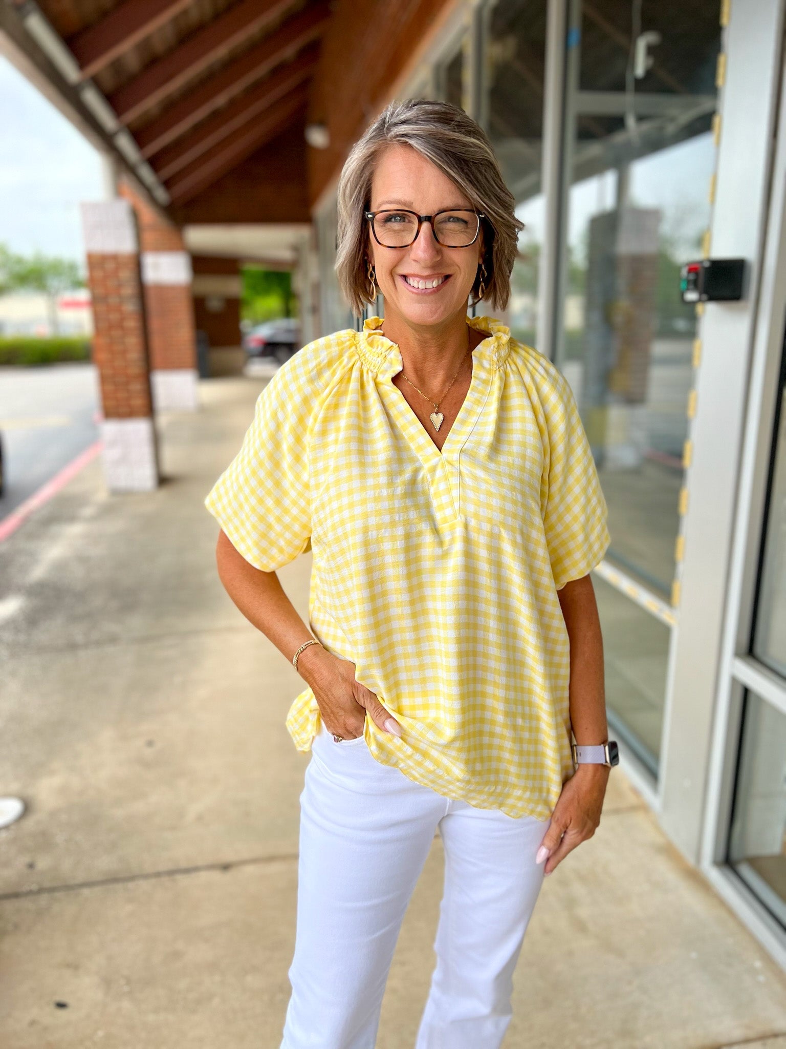 Lemon Yellow Gingham V - Neck Top with Scalloped Hem - A'Bekah's Boutique