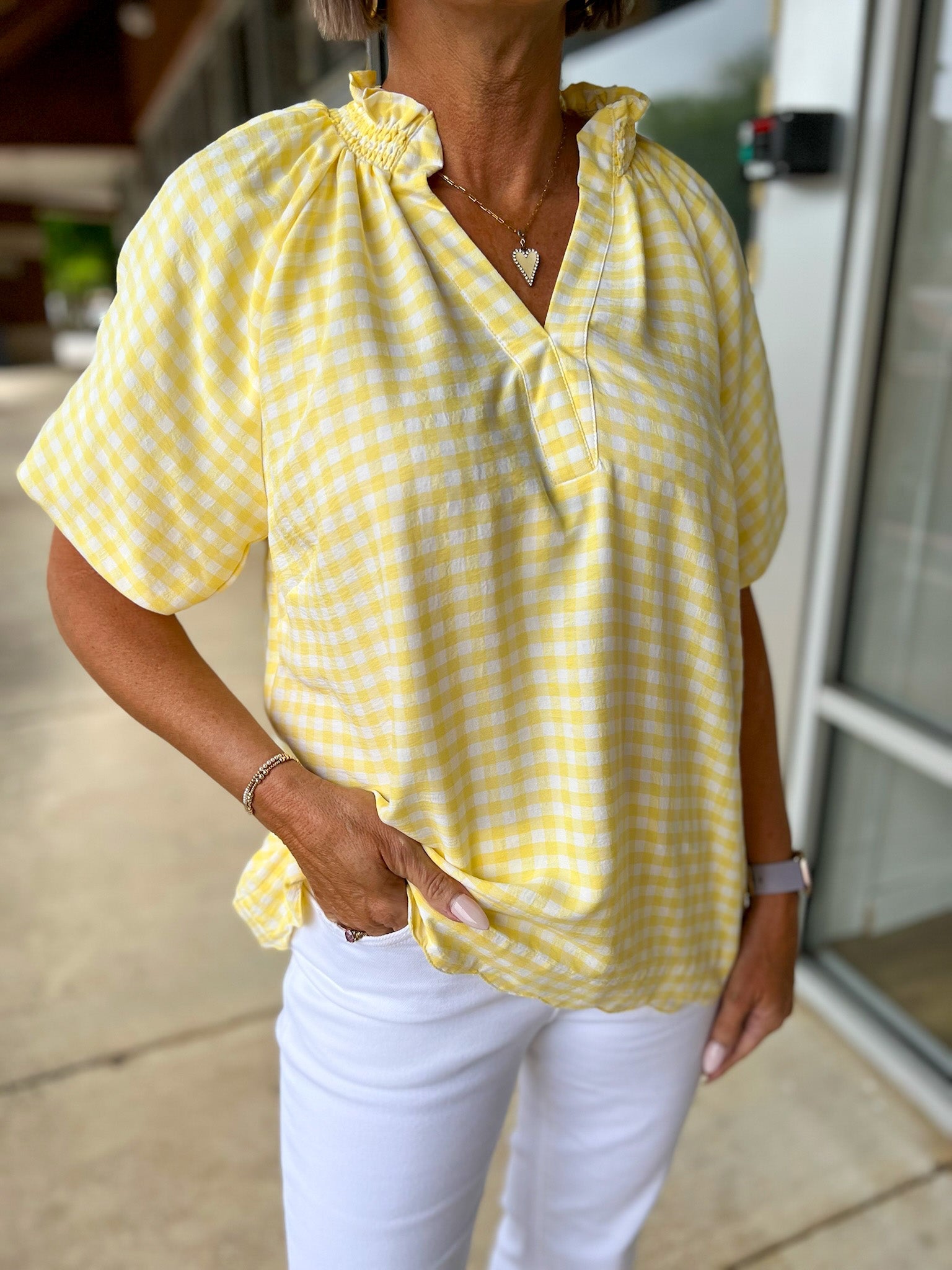 Lemon Yellow Gingham V - Neck Top with Scalloped Hem - A'Bekah's Boutique