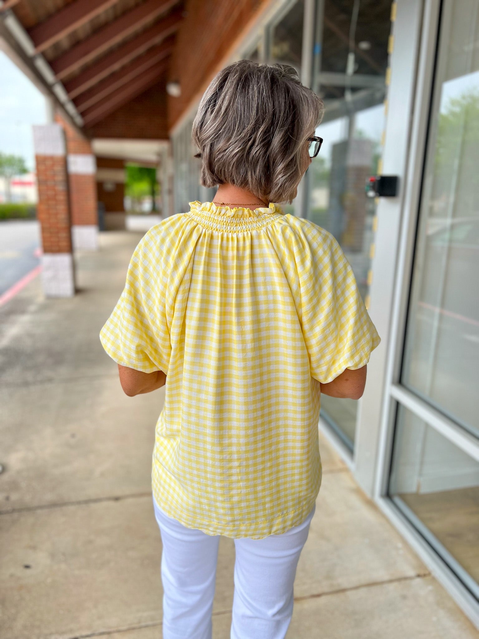 Lemon Yellow Gingham V - Neck Top with Scalloped Hem - A'Bekah's Boutique