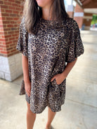 Leopard Print Bubble Sleeve Dress with Pockets - A'Bekah's Boutique