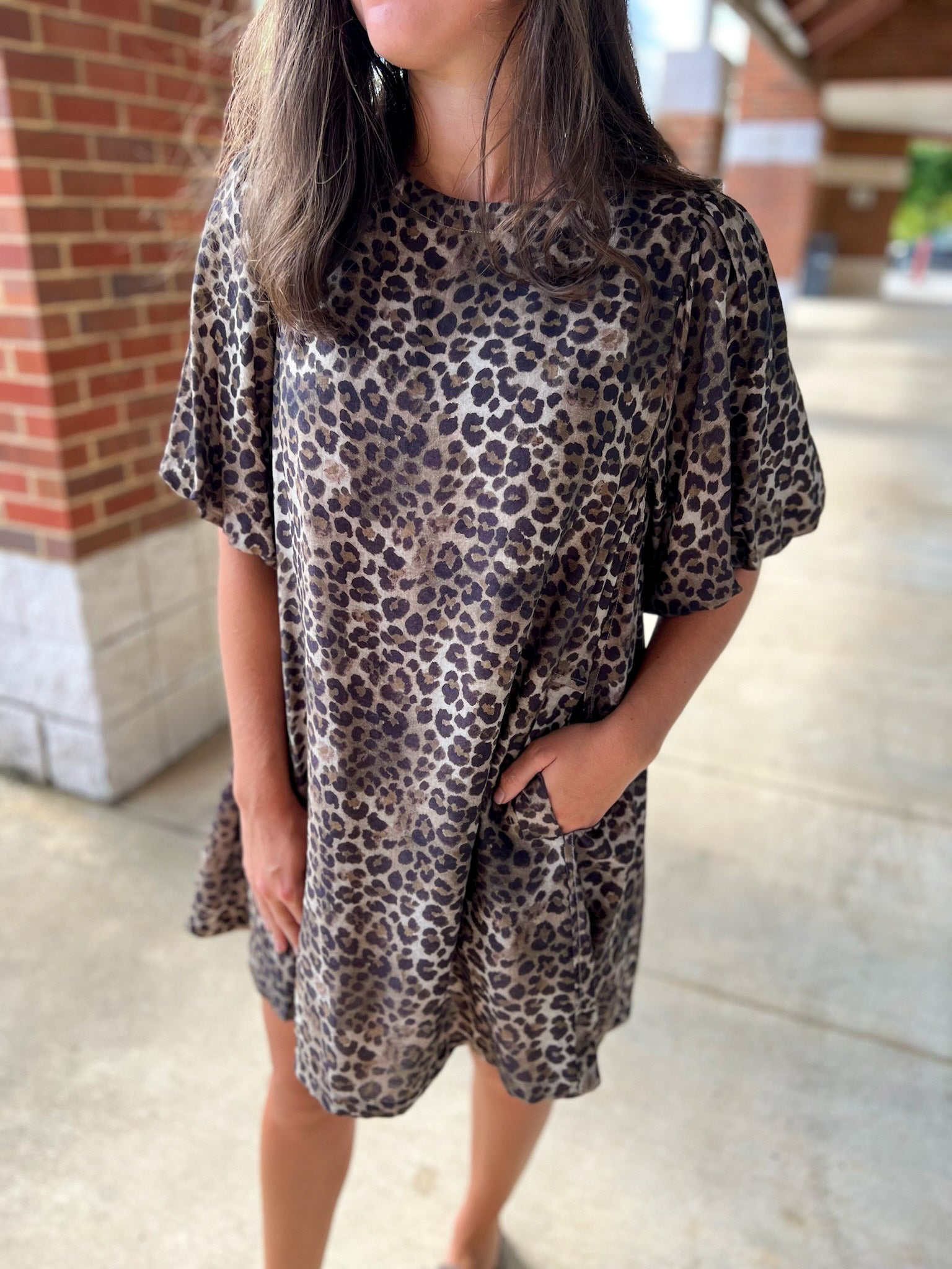 Leopard Print Bubble Sleeve Dress with Pockets - A'Bekah's Boutique