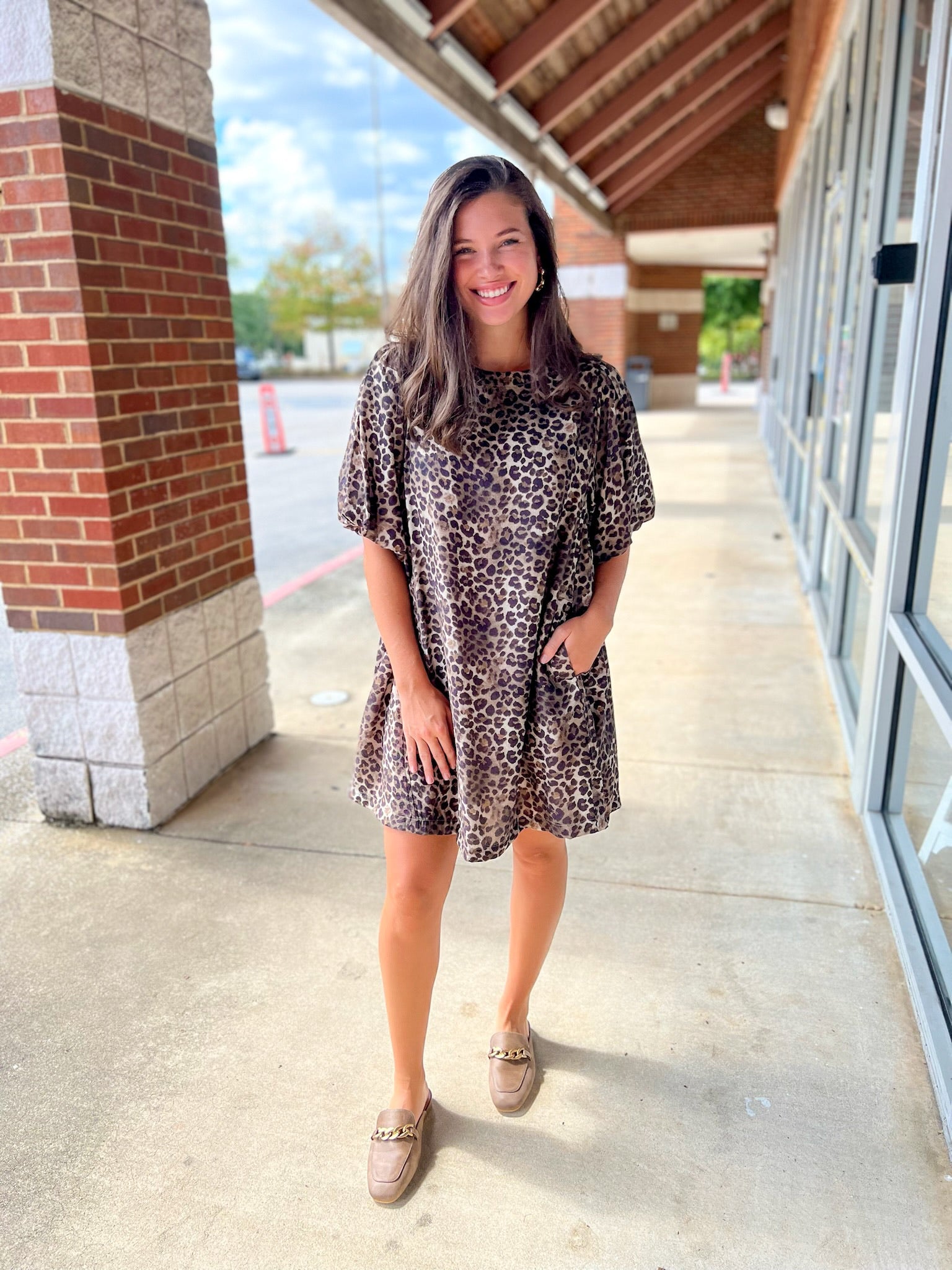 Leopard Print Bubble Sleeve Dress with Pockets - A'Bekah's Boutique