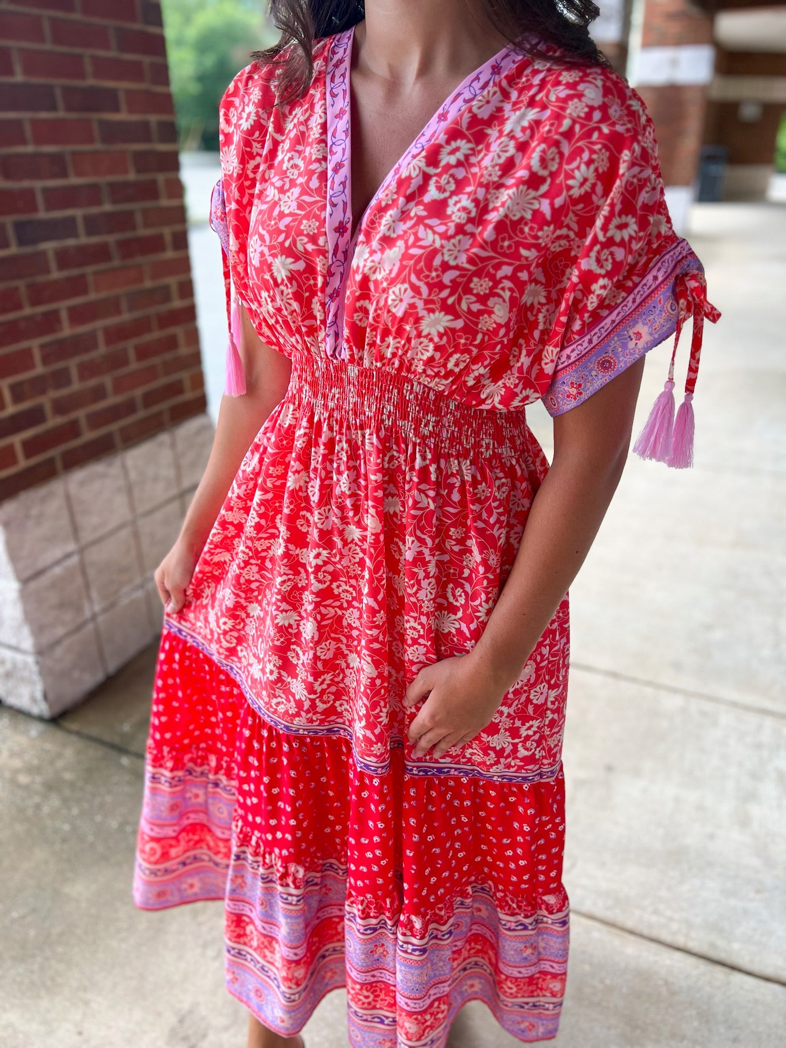Let Me Know Red Floral Print Maxi Dress with Tassel Sleeves - A'Bekah's Boutique