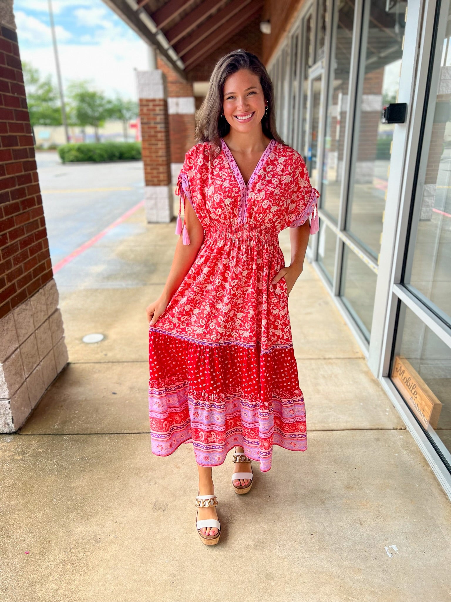 Let Me Know Red Floral Print Maxi Dress with Tassel Sleeves - A'Bekah's Boutique