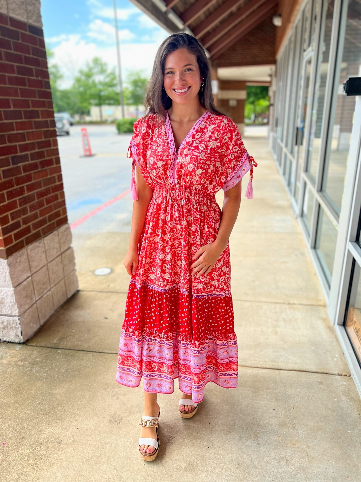 Let Me Know Red Floral Print Maxi Dress with Tassel Sleeves - A'Bekah's Boutique