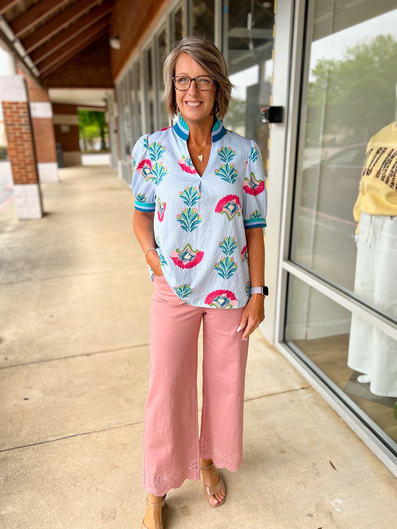 Light Blue Abstract Jacquard Print Top with Short Puff Sleeves - A'Bekah's Boutique