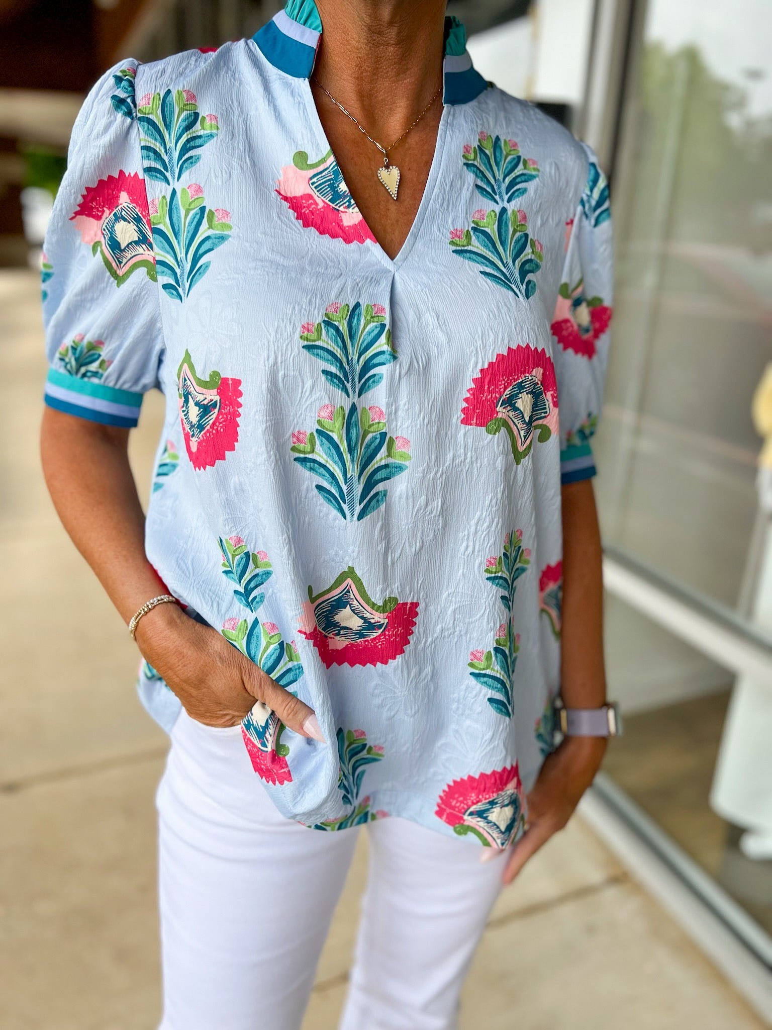 Light Blue Abstract Jacquard Print Top with Short Puff Sleeves - A'Bekah's Boutique
