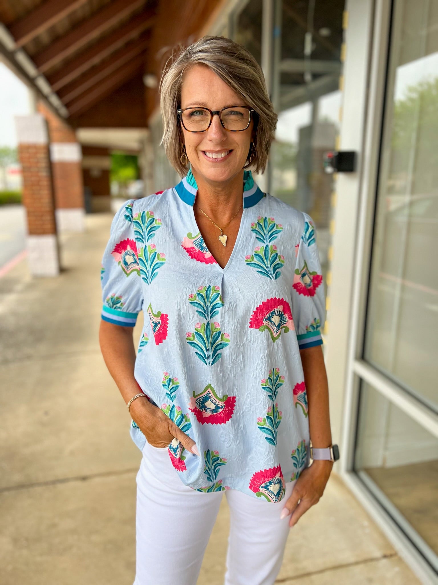 Light Blue Abstract Jacquard Print Top with Short Puff Sleeves - A'Bekah's Boutique