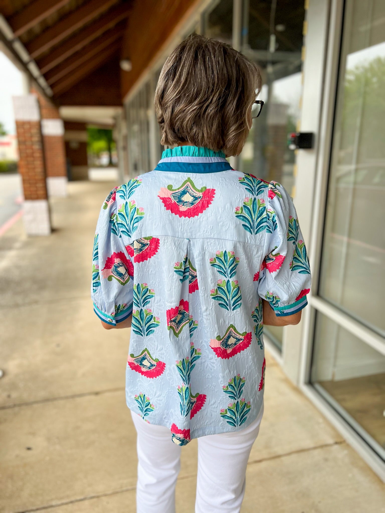 Light Blue Abstract Jacquard Print Top with Short Puff Sleeves - A'Bekah's Boutique
