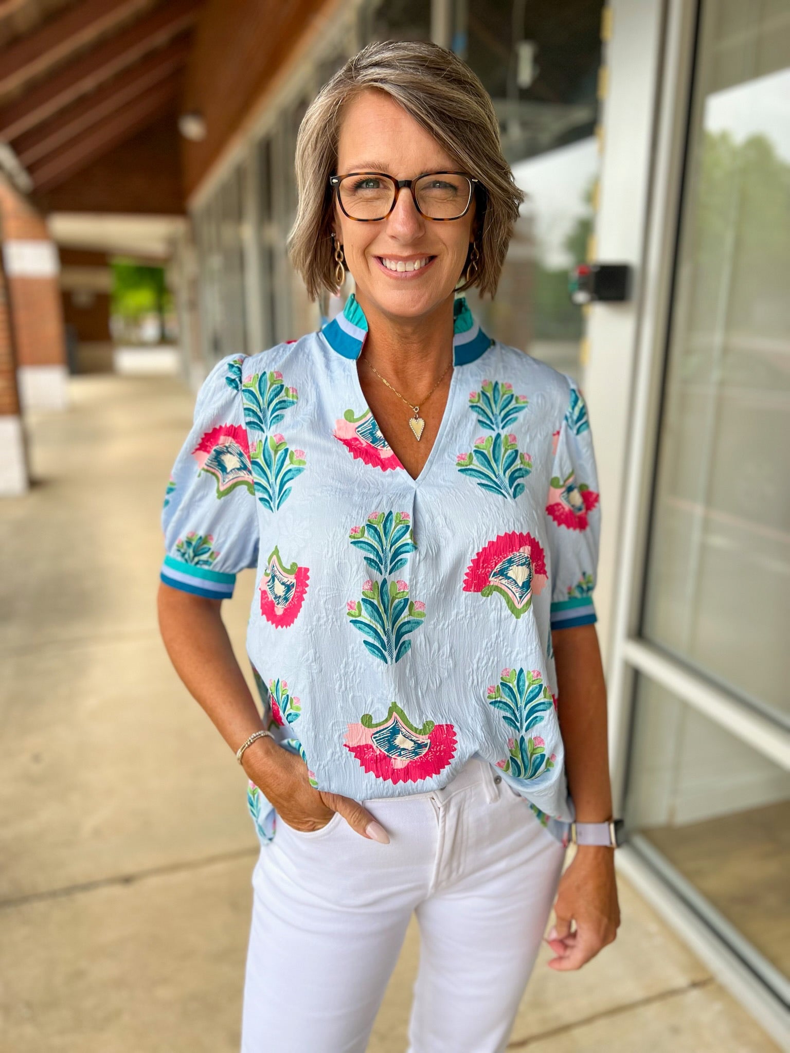 Light Blue Abstract Jacquard Print Top with Short Puff Sleeves - A'Bekah's Boutique