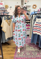 Light Blue Abstract Print Midi Dress with Lace Trim Details - A'Bekah's Boutique