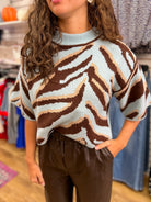 Light Blue Animal Print Sweater with Exposed Seams - A'Bekah's Boutique