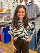 Light Blue Animal Print Sweater with Exposed Seams - A'Bekah's Boutique