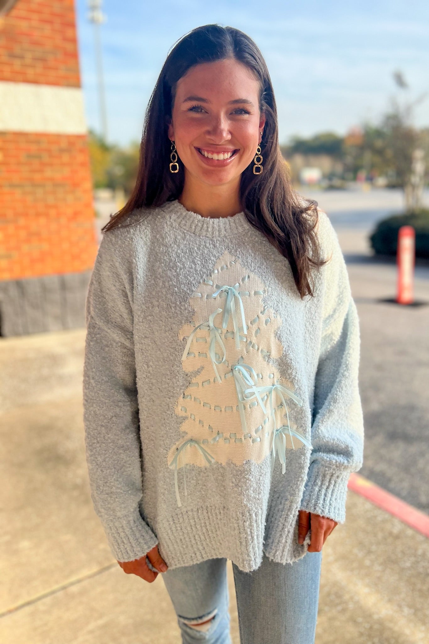 Light Blue Christmas Tree with Satin Bow Sweater - A'Bekah's Boutique