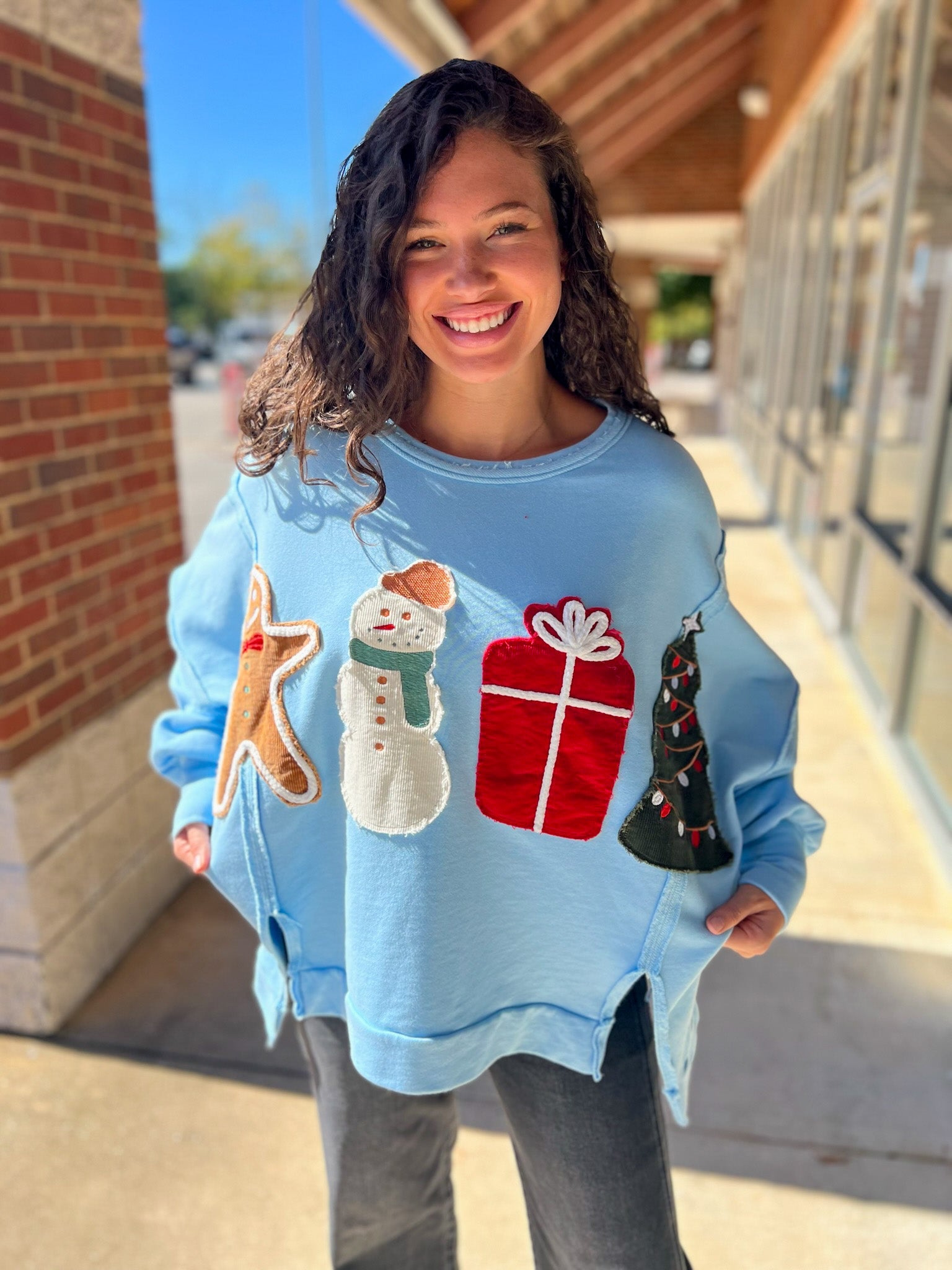 Light Blue Corduroy Christmas Patches French Terry Sweatshirt - A'Bekah's Boutique